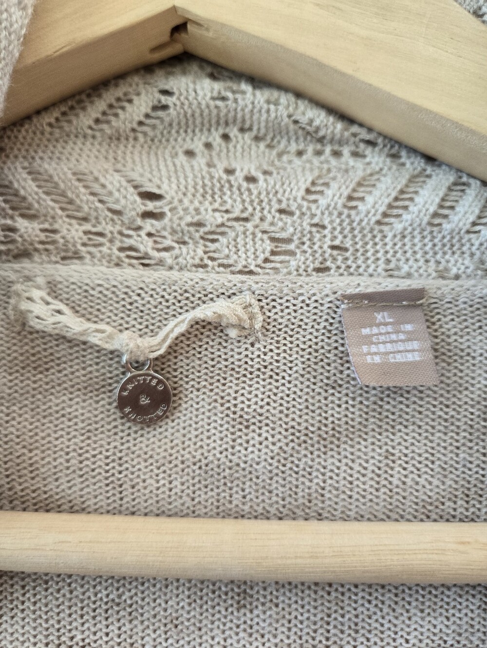 Knitted & Knotted For Anthropologie Open Crochet Cardigan Selt Tie Otmeal XL - Picture 6 of 13